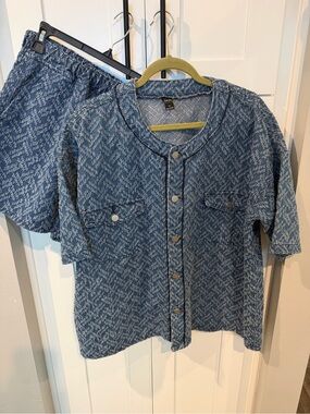 Oversized Denim-Style Cotton Blue Button Front Shirt and Shorts Set